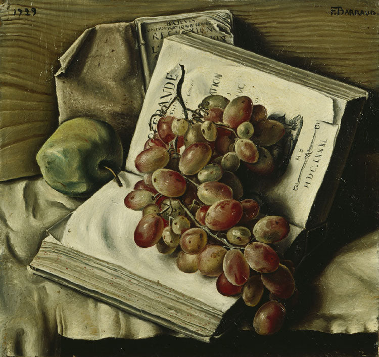 Still life with grapes, apple and two books, vintage artwork by François-Emile Barraud, 12x8" (A4) Poster