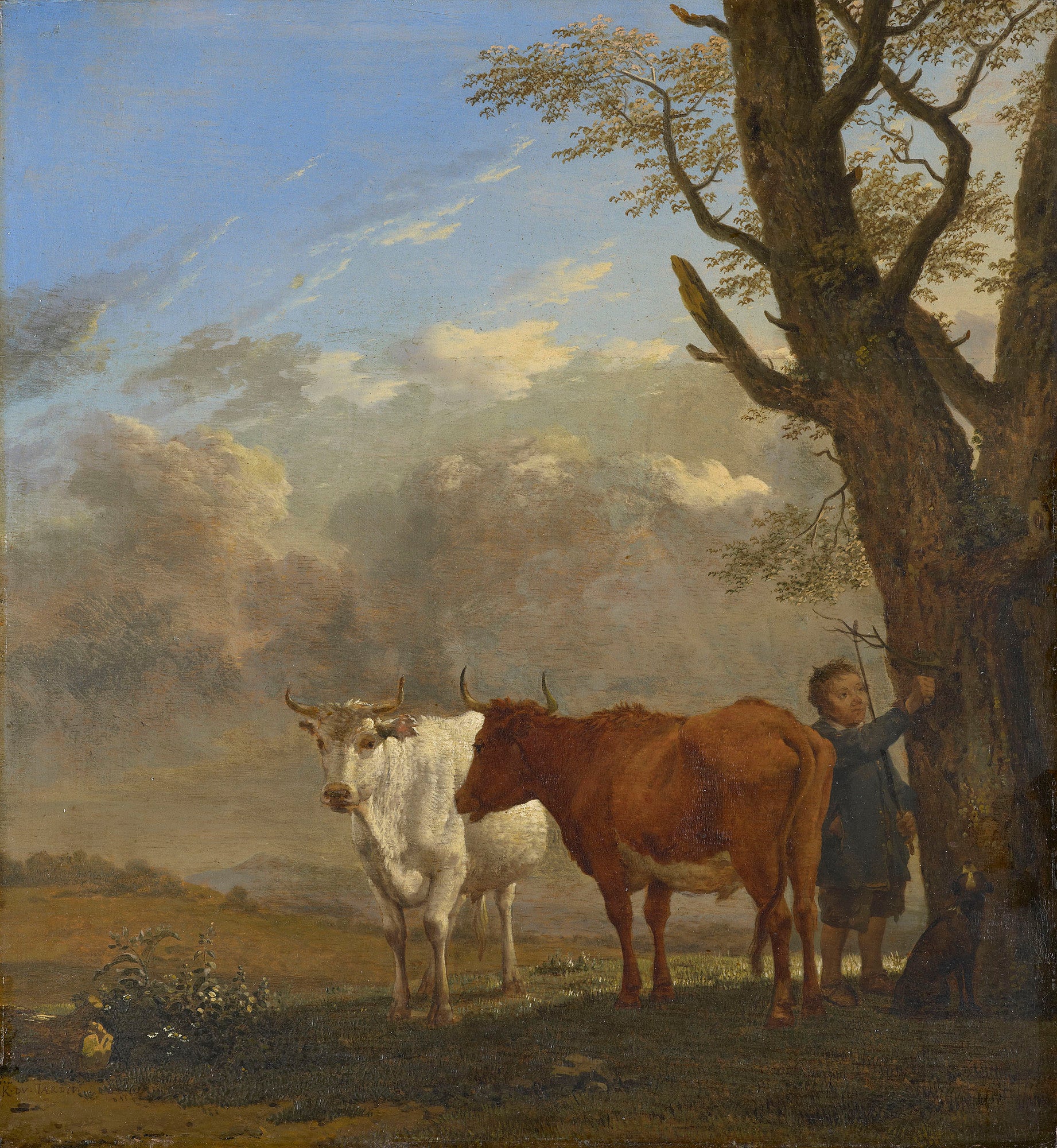 Two Bullocks with a Boy Cutting a Twig, vintage artwork by Carel Dujardin, 12x8" (A4) Poster