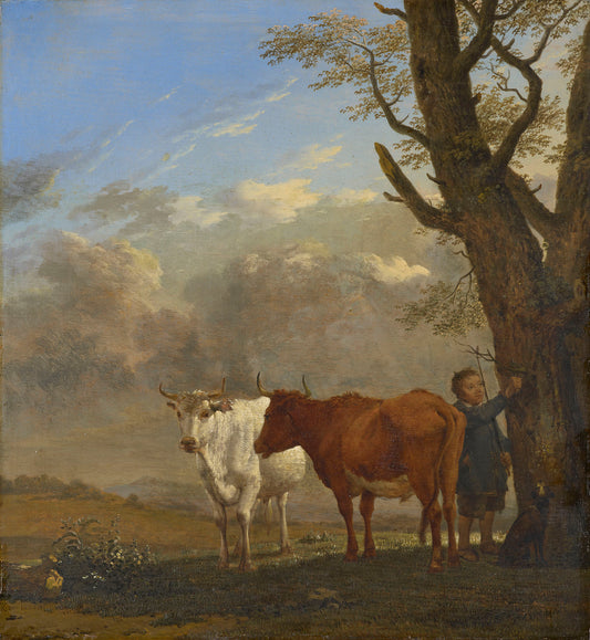 Two Bullocks with a Boy Cutting a Twig, vintage artwork by Carel Dujardin, 12x8" (A4) Poster