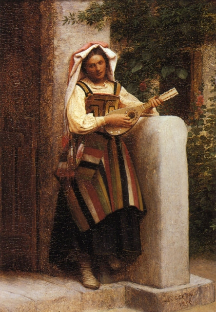 An Italian Girl Playing a Mandolin, vintage artwork by Jean-Leon Gerôme, 12x8" (A4) Poster