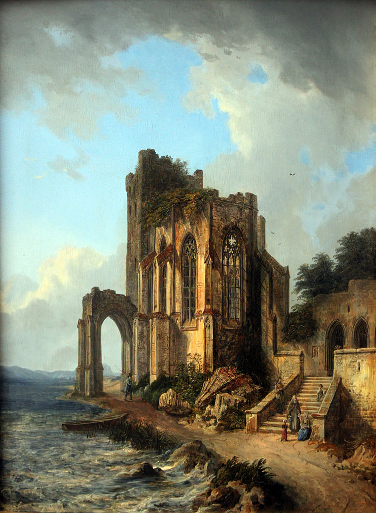 Church Ruins by  the Sea, vintage artwork by Domenico Quaglio the Younger, 12x8" (A4) Poster