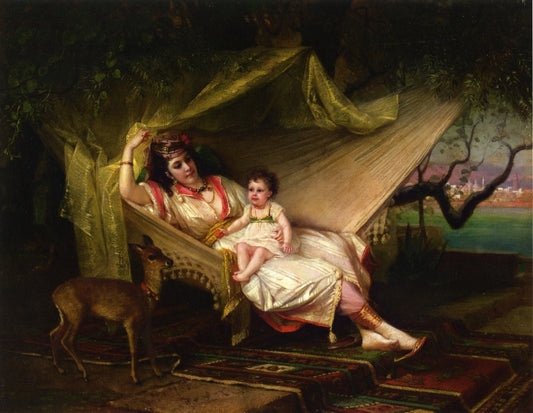 Clementine Stora and her Daughter Lucie in an Interior, Constantinople, vintage artwork by Constant Joseph Brochart, A3 (16x12") Poster Print