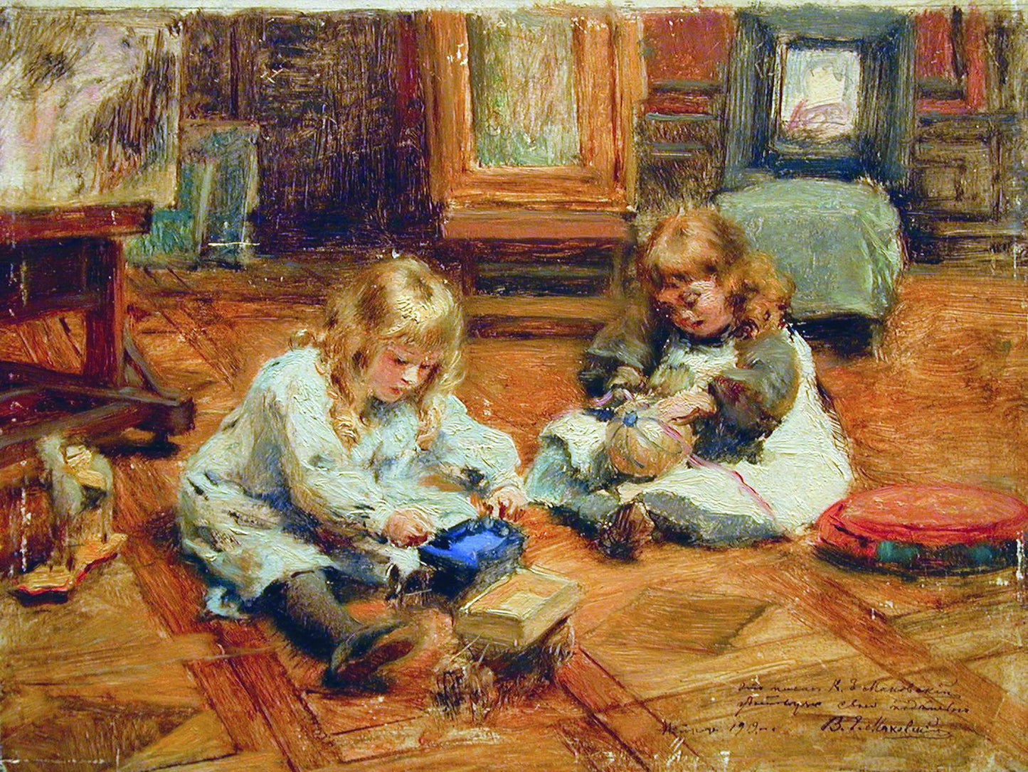 Children Playing in the Studio, vintage artwork by Konstantin Yegorovich Makovsky, 12x8" (A4) Poster