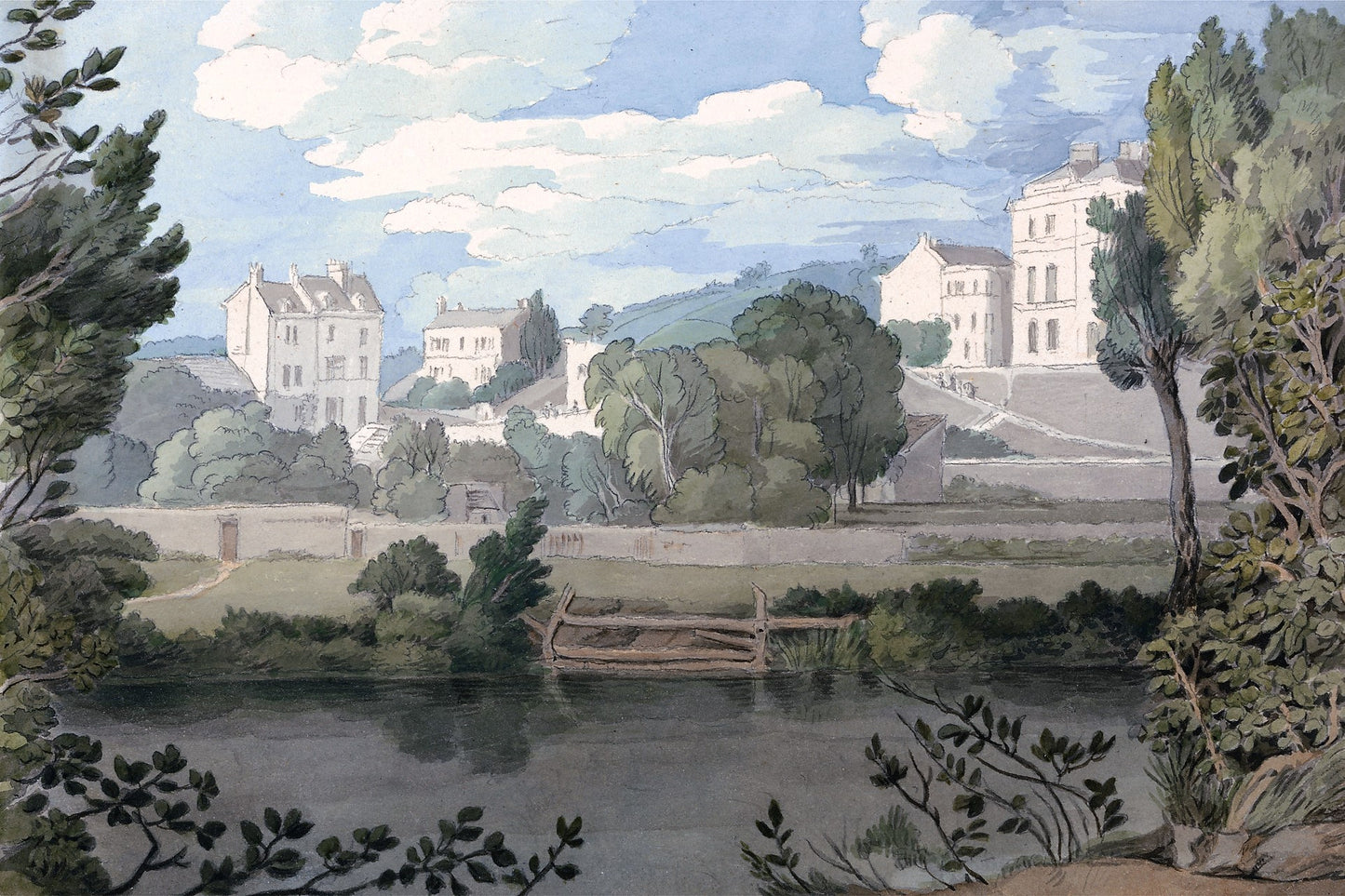 Houses near Plymouth, vintage artwork by Francis Towne, 12x8" (A4) Poster