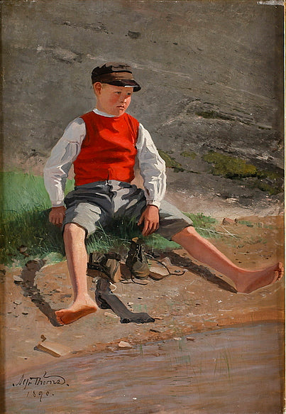 Boy at the Water's Edge, vintage artwork by Sven Alfred Thörne, 12x8" (A4) Poster