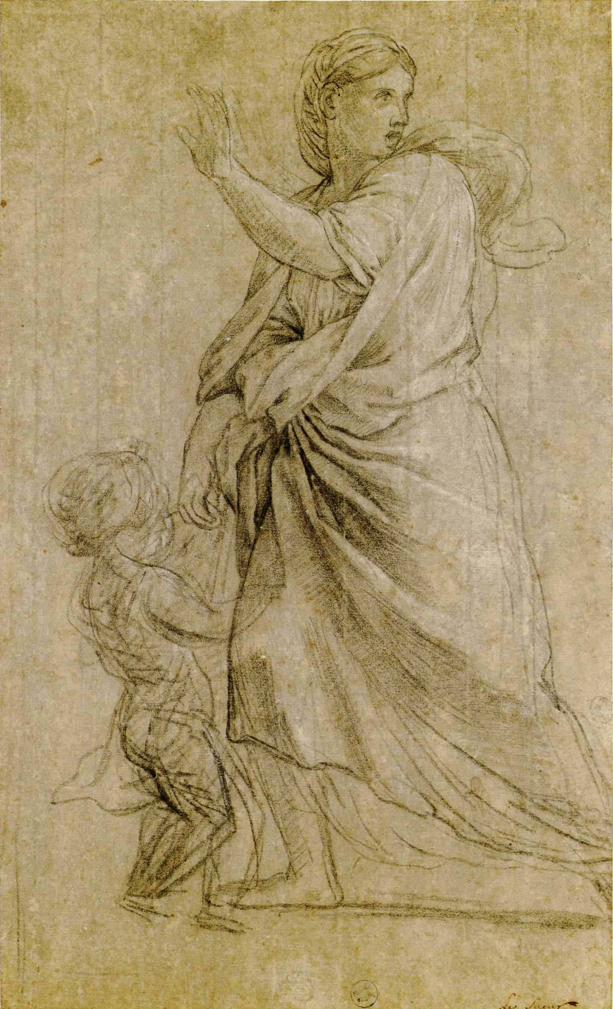Frightened Woman Holding a Child by  the Hand, vintage artwork by Eustache Le Sueur, 12x8" (A4) Poster