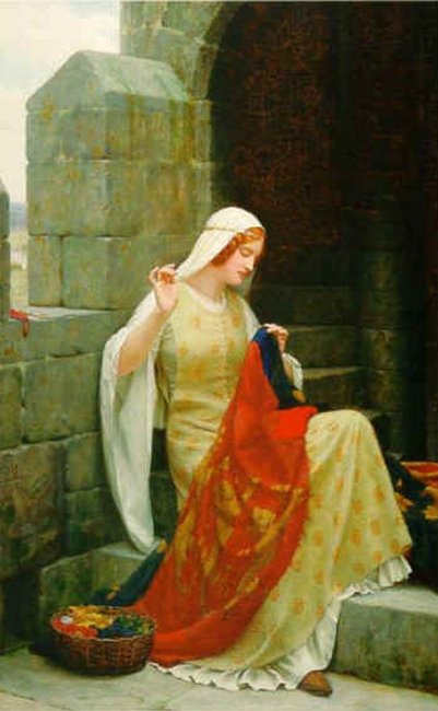 Stitching the Standard, vintage artwork by Edmund Blair Leighton, 12x8