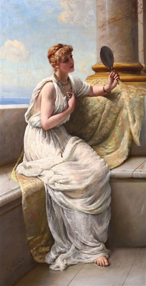 A Maiden with a Mirror, vintage artwork by George Hamilton Barrable, 12x8" (A4) Poster