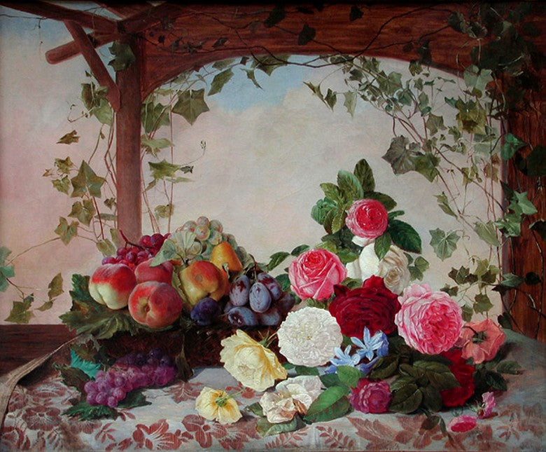 Still life with Roses and Fruits on the Veranda, vintage artwork by Ivan Khrutsky, A3 (16x12") Poster Print