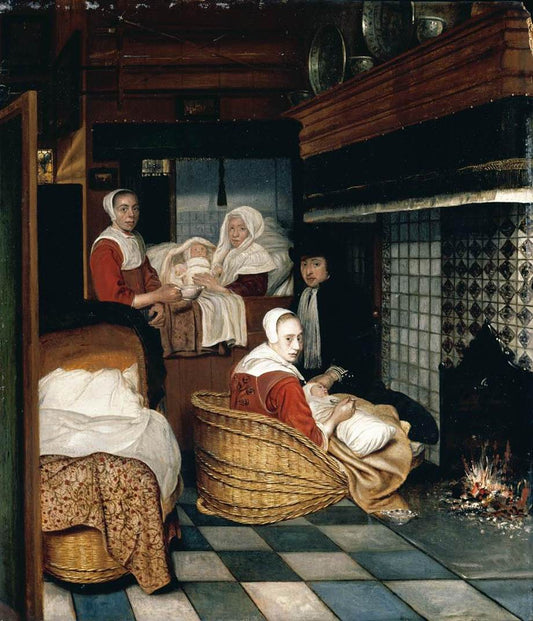 Interior with a Family and Two Nurses before a Fire, vintage artwork by Cornelis de Man, 12x8" (A4) Poster