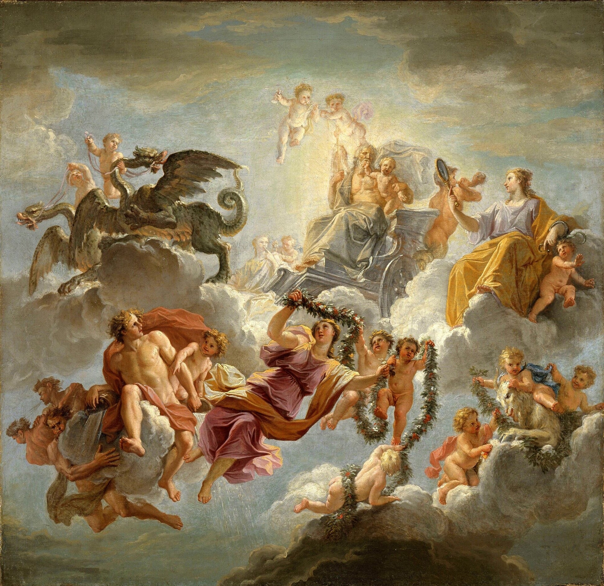 The Triumph of Saturn on his Chariot Pulled by  Dragons (study), vintage artwork by Noël Coypel I, 12x8" (A4) Poster