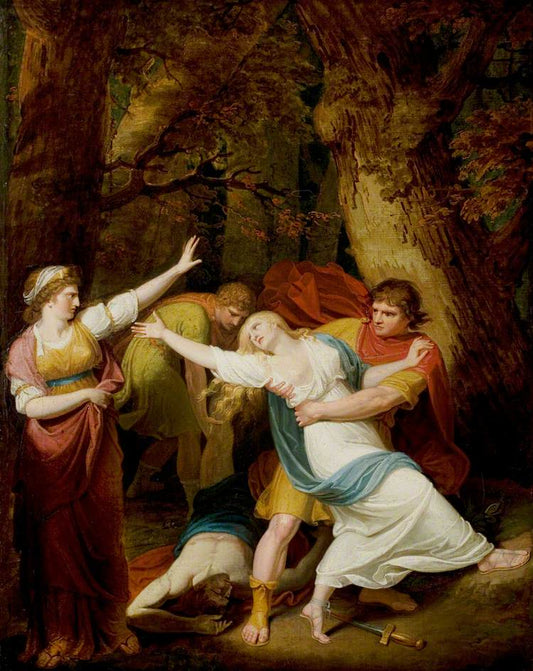 Titus Andronicus, Act II, Scene 3, Tamora, Lavinia, Demetrius and Chiron, vintage artwork by Samuel Woodforde, 12x8" (A4) Poster