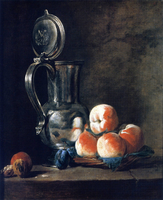 Pewter Jug with Basket of Peaches, Plums and Walnuts, vintage artwork by Jean-Baptiste-Simeon Chardin, 12x8" (A4) Poster