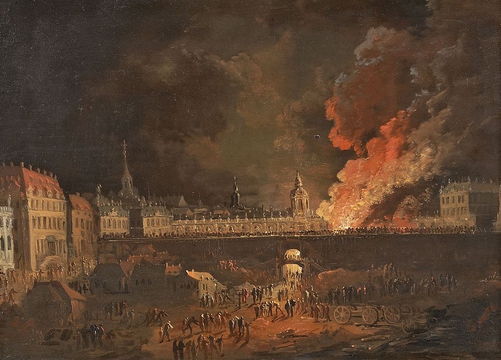 Fire in Dresden, vintage artwork by Christian Wilhelm Ernst Dietrich, 12x8" (A4) Poster