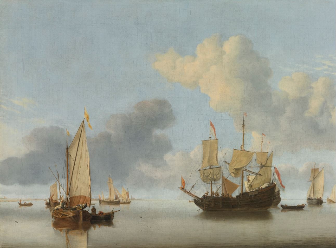 A Dutch ship at anchor drying sails and a Kaag under sail, vintage artwork by Willem van de Velde the Younger, 12x8" (A4) Poster