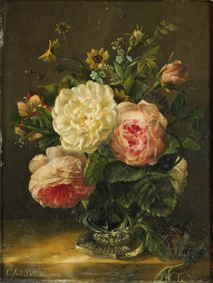 Still-Life with Flowers in a Crystal Vase, vintage artwork by Geraldine Jacoba van de Sande Bakhuyzen, 12x8" (A4) Poster