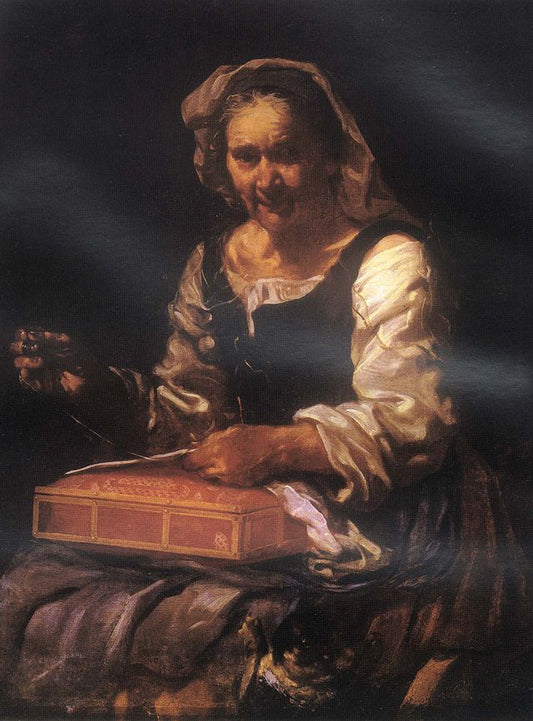 Old Woman Sewing, vintage artwork by Eberhart Keilhau, 12x8" (A4) Poster