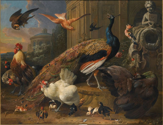 Birds beside a fountain in a garden, disturbed by  the arrival of a falcon., vintage artwork by Melchior d'Hondecoeter, 12x8" (A4) Poster