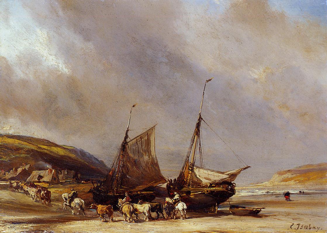 Riders on the Beach with Ship, vintage artwork by Eugène Isabey, A3 (16x12") Poster Print