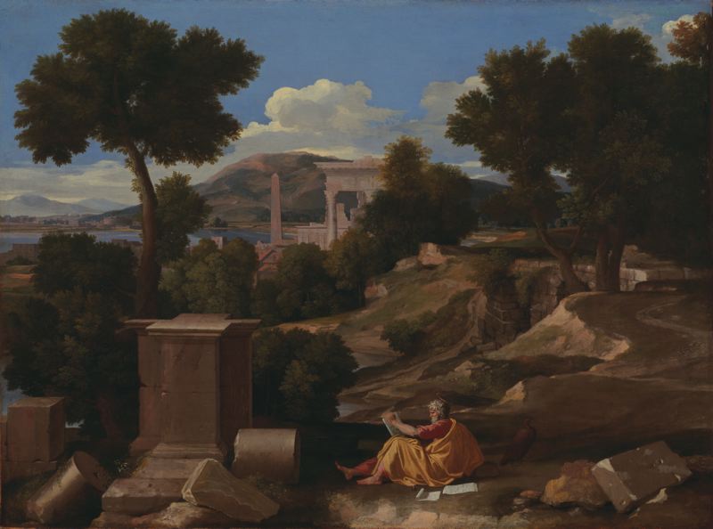 Landscape with St. John on Patmos, vintage artwork by Nicolas Poussin, 12x8" (A4) Poster