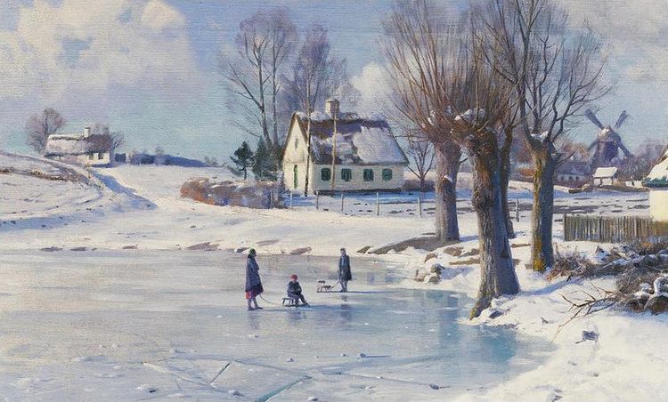 Sledging on a Frozen Pond, vintage artwork by Peder Mork Mønsted, 12x8" (A4) Poster