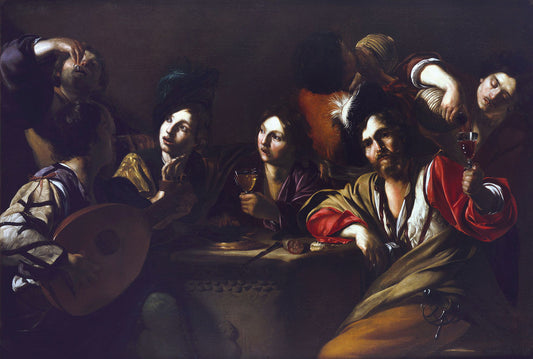 Tavern Scene with a Lute Player, vintage artwork by Bartolomeo Manfredi, 12x8" (A4) Poster