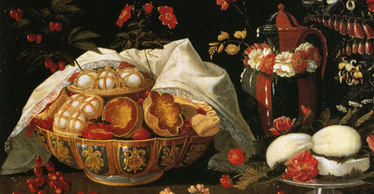 Still Life with fruits flowers and Terracotta, vintage artwork by Josefa de Ayala y Obidos, 12x8" (A4) Poster