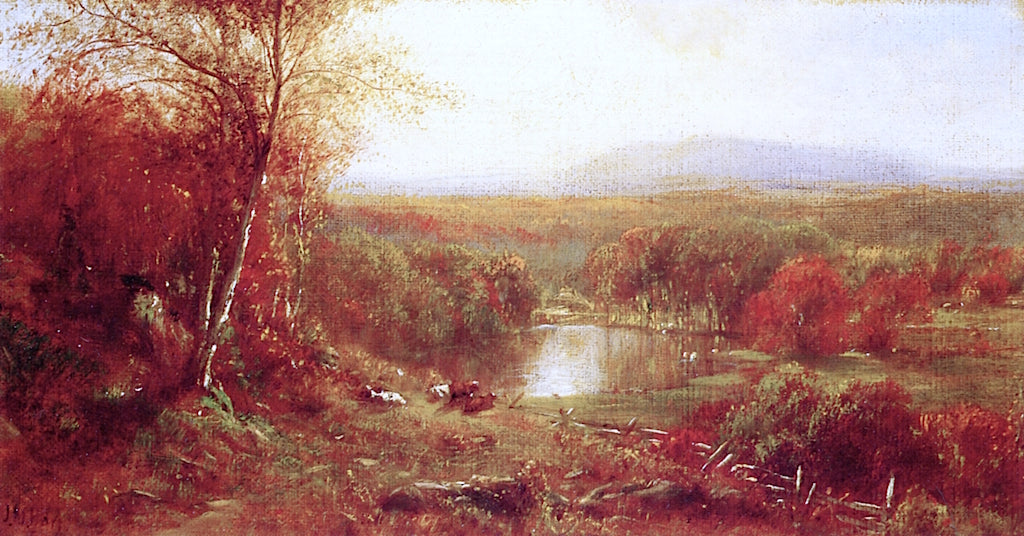 Cows at Res by  a Lake in an autumn Landscape, vintage artwork by James McDougal Hart, 12x8" (A4) Poster