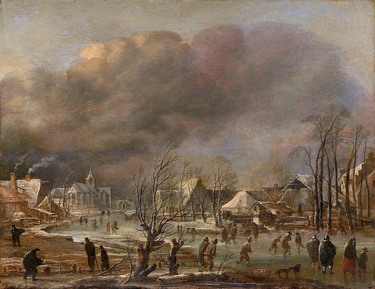Snowfall on a Village beside a Frozen Canal, vintage artwork by Aert van der Neer, 12x8" (A4) Poster
