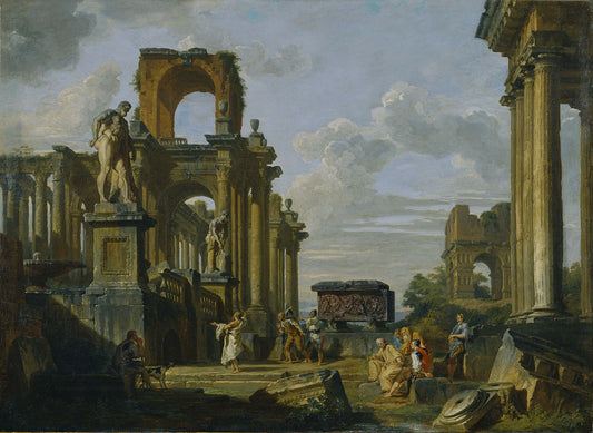 An Architectural Capriccio of the Roman Forum with Philosophers and Soldiers among Ancient Ruins, vintage artwork by Giovanni Paolo Panini, 12x8" (A4) Poster
