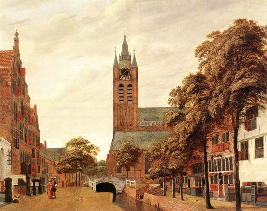 View of Delft with Old Church, vintage artwork by Jan van der Heyden, 12x8" (A4) Poster