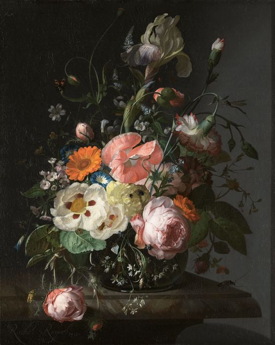Still-life of Flowers on a Marble Ledge, vintage artwork by Rachel Ruysch, 12x8" (A4) Poster
