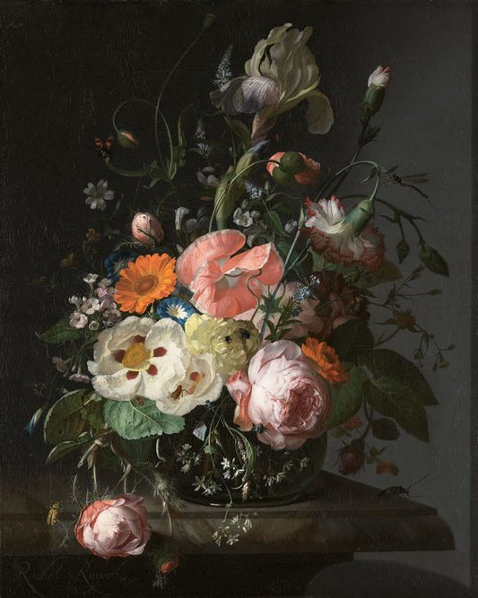 Still-life of Flowers on a Marble Ledge, vintage artwork by Rachel Ruysch, 12x8" (A4) Poster