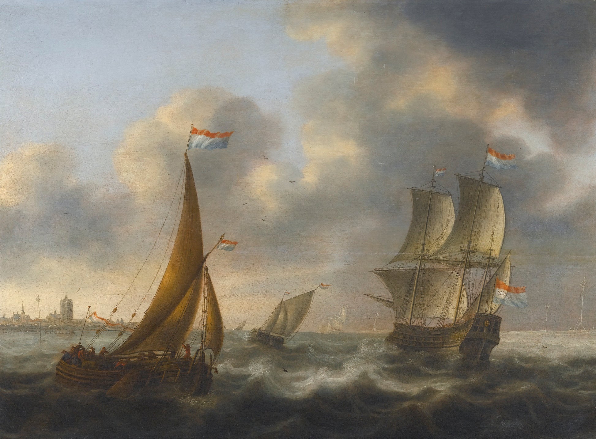 A Merchant-man, An Admiral's Barge And Other Small Ships In Choppy Waters, vintage artwork by Jacob Adriaensz Bellevois, 12x8" (A4) Poster