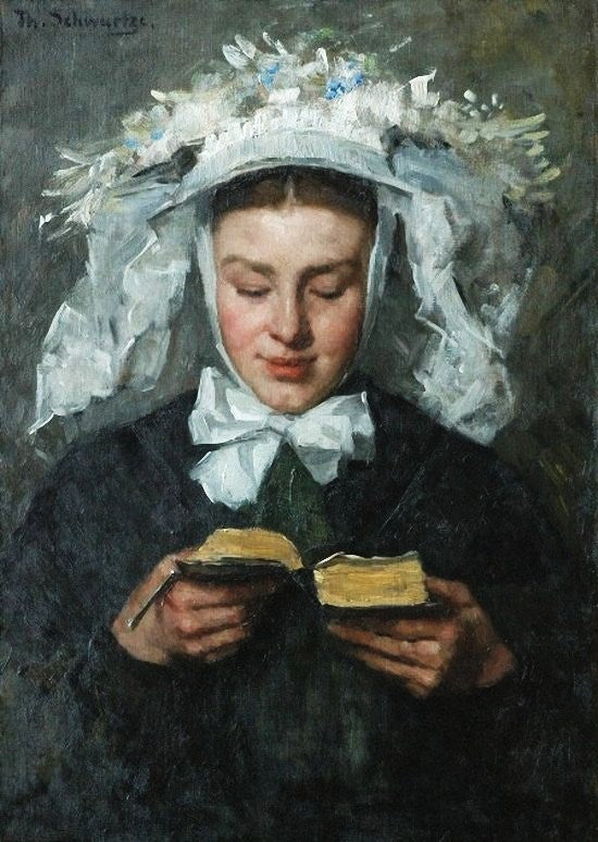 Young Woman Reading in Brabant Costume, vintage artwork by Therèse Schwartze, 12x8" (A4) Poster