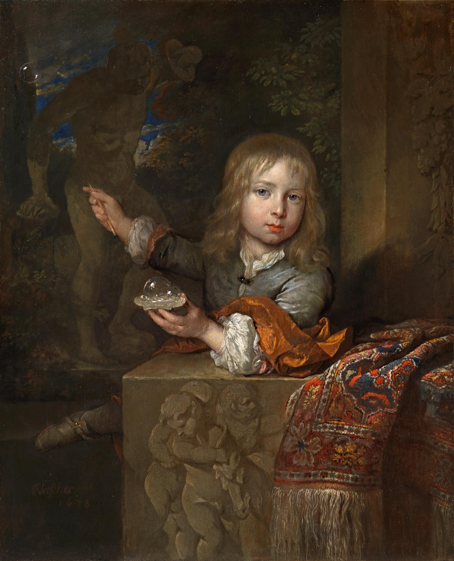 A Boy Blowing Soap Bubbles, vintage artwork by Caspar Netscher, 12x8" (A4) Poster