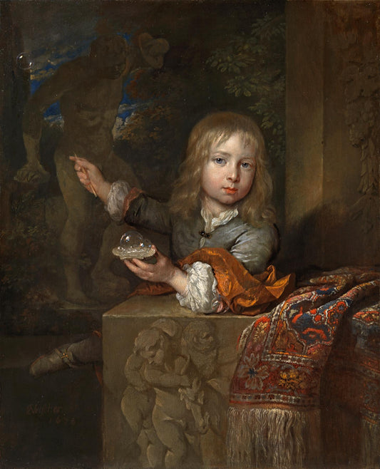 A Boy Blowing Soap Bubbles, vintage artwork by Caspar Netscher, 12x8" (A4) Poster