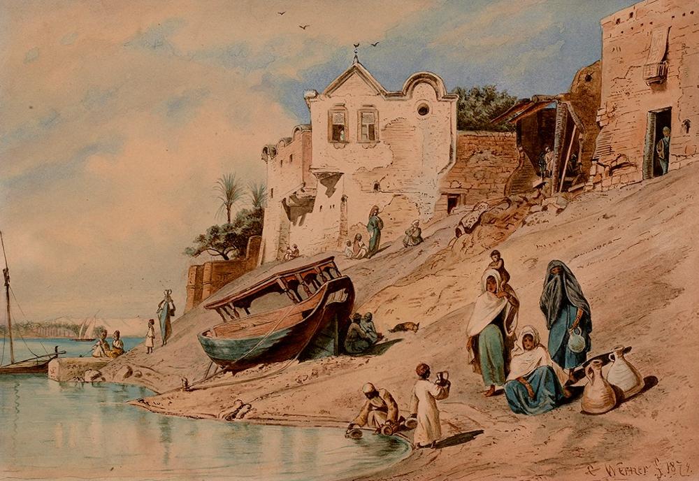 Beni Suef. Women with Children Fetching Water from the Nile, vintage artwork by Carl Friedrich Heinrich Werner, A3 (16x12") Poster Print
