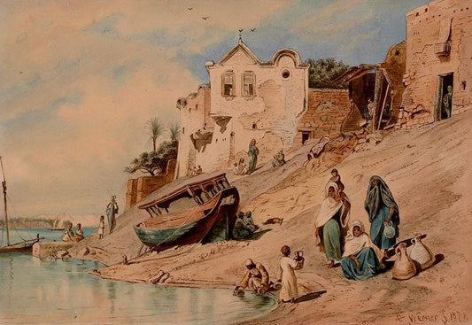 Beni Suef. Women with Children Fetching Water from the Nile, vintage artwork by Carl Friedrich Heinrich Werner, A3 (16x12") Poster Print