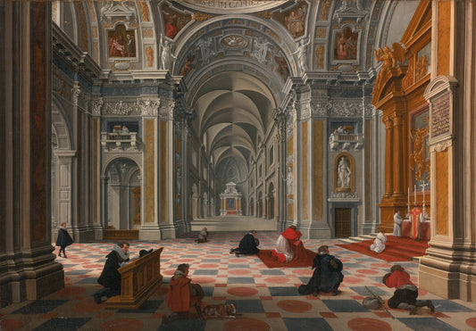 Figures at Mass in an Ornate Church Interior, vintage artwork by Bartholomeus van Bassen, 12x8" (A4) Poster