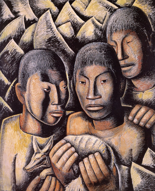 Indios con Cacomixtle (Padre e Hijos), vintage artwork by Alfredo Ramos Martinez, 12x8" (A4) Poster