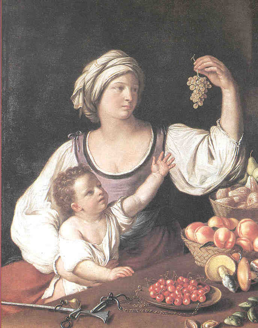 Fruttivendola con bambino, vintage artwork by Guercino, 12x8" (A4) Poster