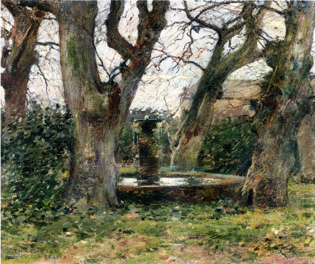 Italian Landscape with a Fountain, vintage artwork by Theodore Robinson, 12x8" (A4) Poster