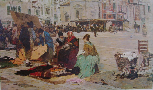 Market in Campo San Polo, Venice, vintage artwork by Giacomo Favretto, 12x8" (A4) Poster