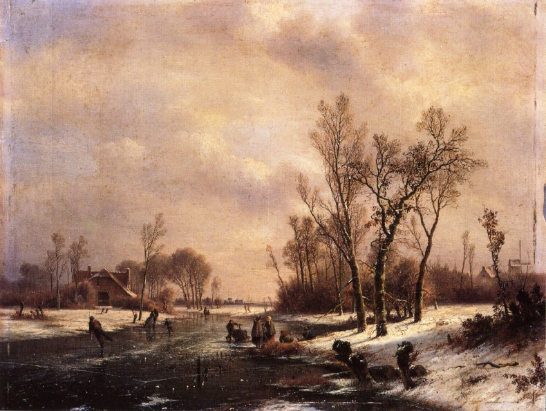 A Winter Landscape with Skaters on a Frozen River, vintage artwork by Pieter Lodewijk Francisco Kluyver, A3 (16x12") Poster Print