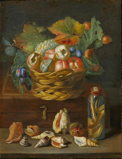 A Still Life of Fruit in a wicker Basket with a Snake preserved in a Jar, Shells and a Chestnut, vintage artwork by Peeter Snyers, 12x8" (A4) Poster