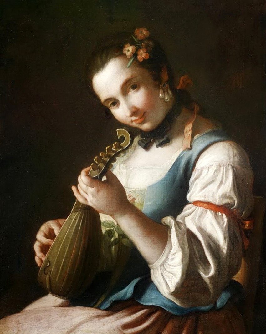 A Young woman playing a lute, vintage artwork by Pietro Antonio Rotari, 12x8" (A4) Poster