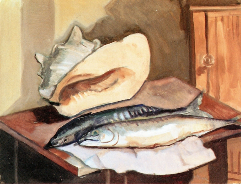 Still Life with Conch and Mackerels, vintage artwork by Felka Platek, 12x8" (A4) Poster