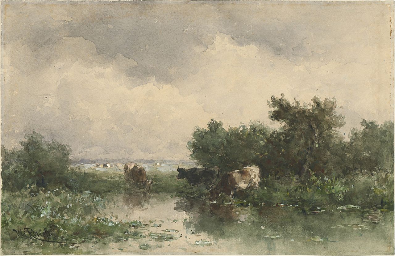 Three Cows at a Pond, vintage artwork by Willem Roelofs, 12x8" (A4) Poster