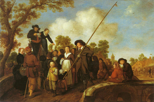 An Itinerant Ballad Reader on a Bridge, vintage artwork by Jan Miense Molenaer, 12x8" (A4) Poster